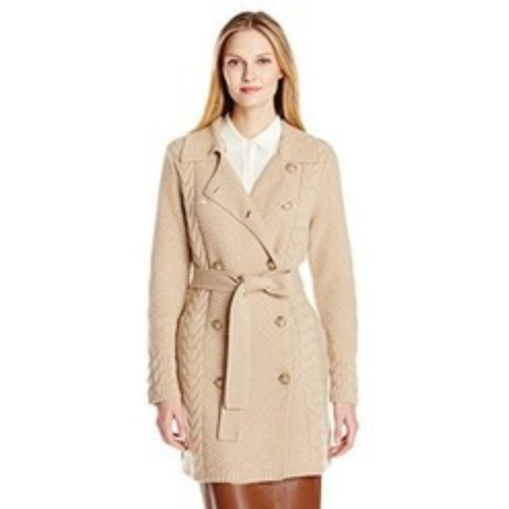 Pendleton Tweedy Trench Cable Knit Wool Blend Sweater In Camel Tweed